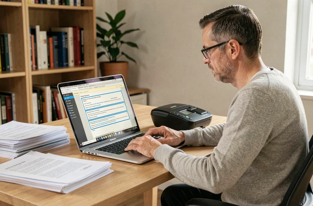 Homme utilisant un logiciel OCR pour convertir un document PDF scanné en texte lisible par les lecteurs d'écran