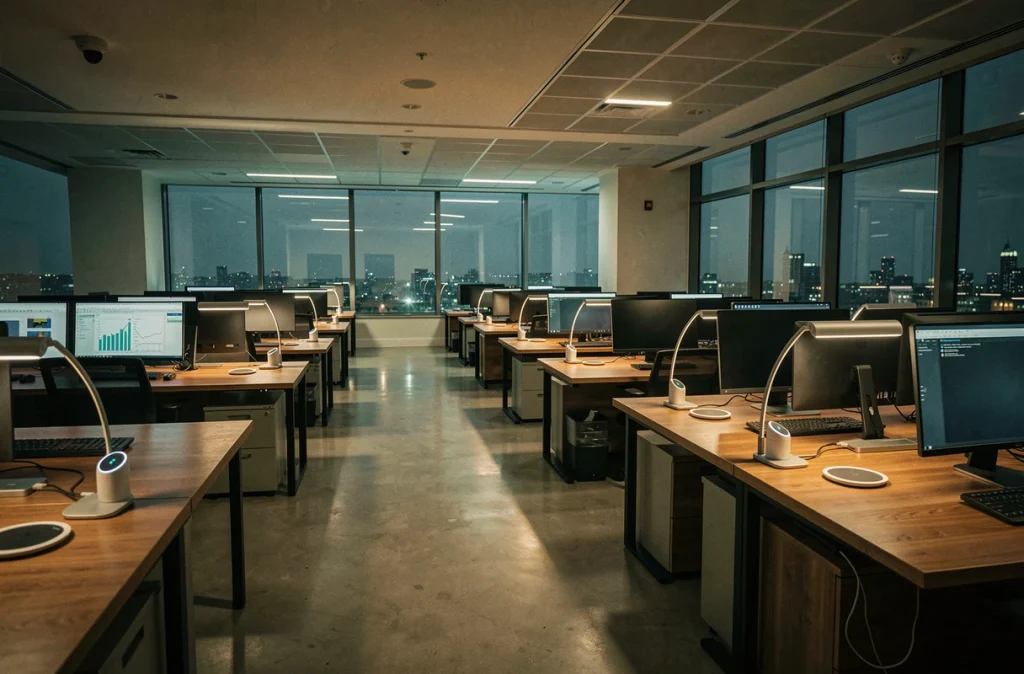 Bureau en open space après les heures de travail avec des objets connectés en veille et caméra de surveillance
