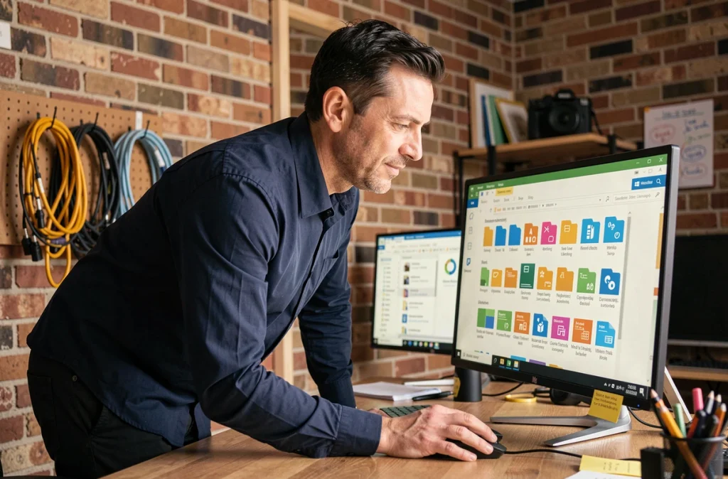 Homme utilisant un explorateur de fichiers Windows avec des dossiers codés par couleur dans un bureau à domicile