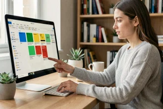 Femme organisant ses dossiers Windows avec des couleurs codées sur un ordinateur de bureau dans un bureau moderne