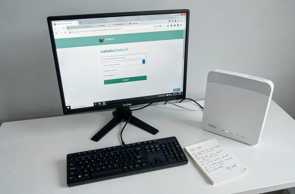 Bureau avec ordinateur affichant la page de réinitialisation du mot de passe sur mafreebox.freebox.fr et un routeur Freebox