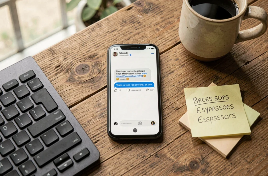 Vue de dessus d'un smartphone affichant une notification de phishing sur les réseaux sociaux posé sur un bureau avec des post-its de mots de passe