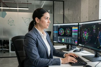 Professionnelle de la cybersécurité analysant des tableaux de bord antivirus sur plusieurs écrans dans un bureau moderne