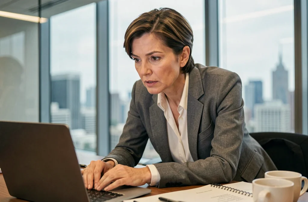 Professionnelle en réunion consultant une notification de mise à jour de sécurité sur son ordinateur portable