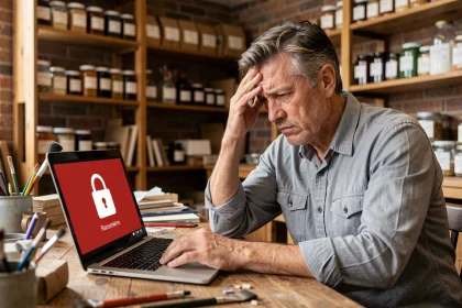 Chef d'une petite entreprise française face à un message de ransomware sur son ordinateur portable dans son atelier