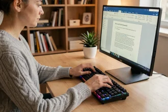 Femme utilisant des raccourcis clavier sur Word pour gagner du temps au bureau à domicile