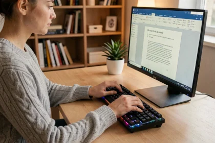 Femme utilisant des raccourcis clavier sur Word pour gagner du temps au bureau à domicile