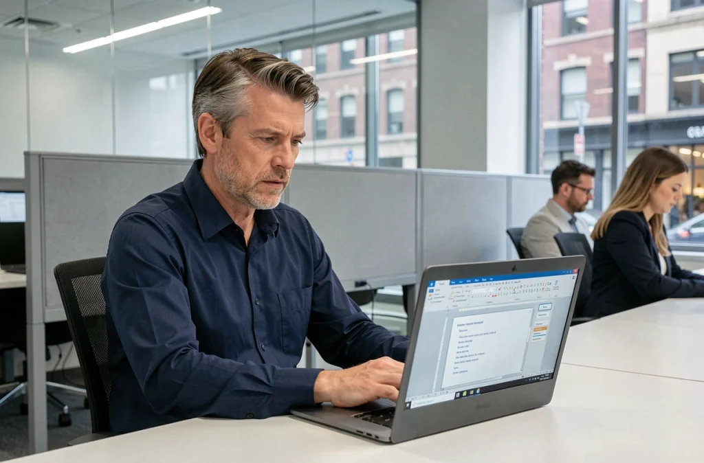 Professionnel en open space utilisant des raccourcis clavier Microsoft Word sur laptop