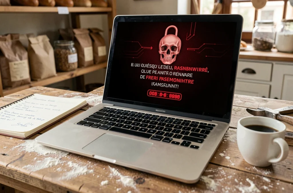 Ordinateur portable d'une petite boulangerie française affichant un message de rançongiciel avec minuterie