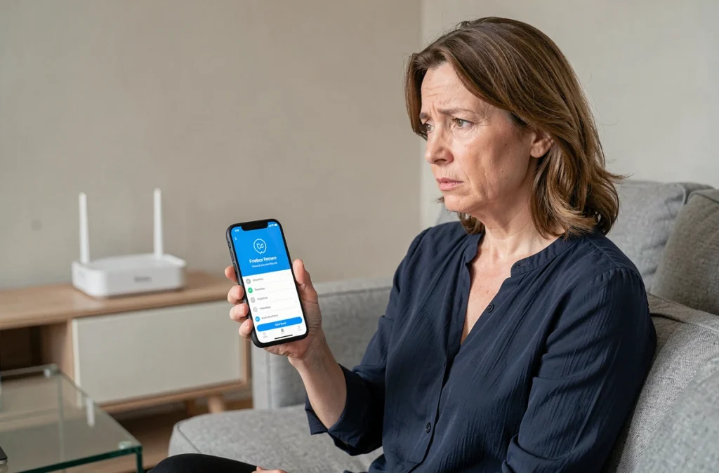 Femme consultant son smartphone pour récupérer son mot de passe oublié sur le compte Freebox