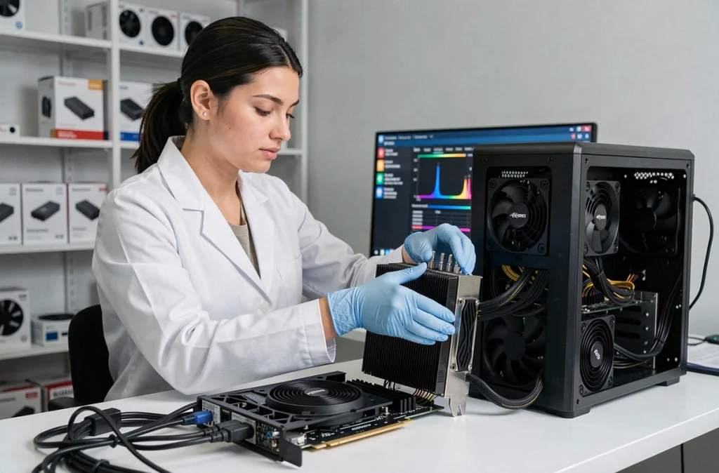 Technicienne remontant le dissipateur thermique d'une carte graphique après application de pâte thermique dans un atelier moderne