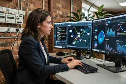 Responsable informatique d'une PME analysant des alertes de cybersécurité sur ses écrans dans un bureau moderne