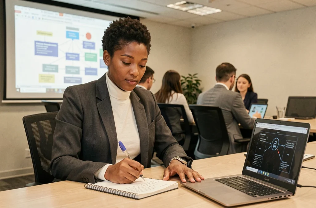 Responsable informatique féminine prenant des notes lors d'un atelier de certification en cybersécurité en salle de formation