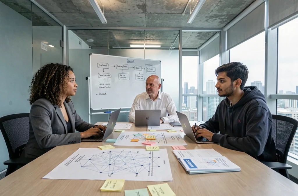 Équipe de professionnels en réunion de stratégie de sécurité informatique autour d'une table avec cartes réseau et ordinateurs portables