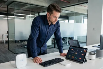 Professionnel en sécurité informatique analysant des objets connectés sur un bureau de bureau moderne
