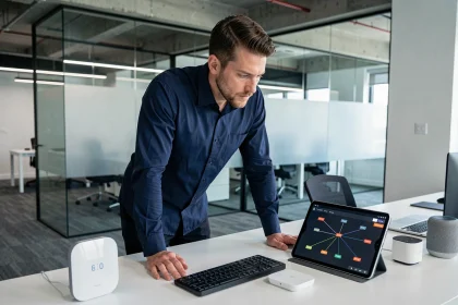 Professionnel en sécurité informatique analysant des objets connectés sur un bureau de bureau moderne
