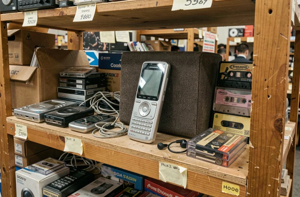 Téléphone Sony Ericsson Walkman exposé sur une étagère de marché aux puces entouré de cassettes, lecteurs MP3 vintage et câbles d'écouteurs