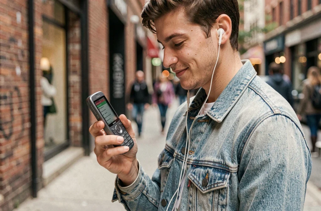 Jeune homme tenant un téléphone Sony Ericsson Walkman dans la rue, écoutant de la musique avec des écouteurs blancs, ambiance urbaine