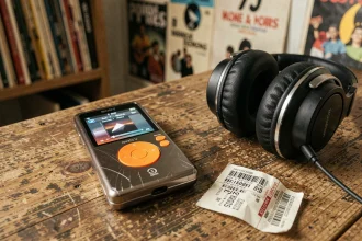 Ancien téléphone Sony Ericsson Walkman posé sur un bureau en bois avec un casque audio vintage et des objets rétro des années 2000
