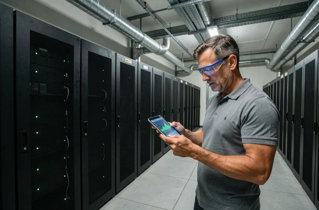 Technicien analysant la consommation énergétique d'un centre de données sur tablette, racks de serveurs noirs et tuyaux de refroidissement en arrière-plan, sobriété informatique