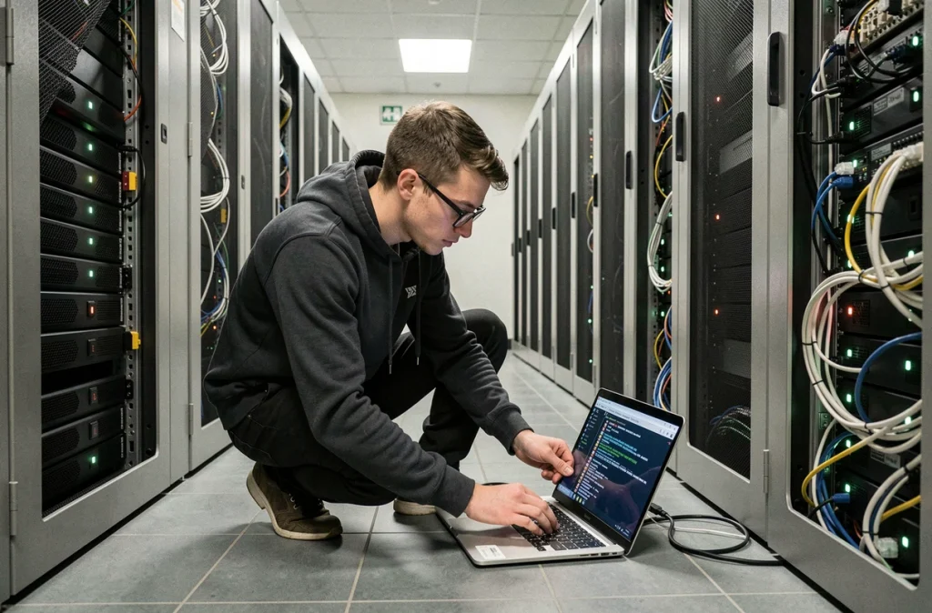 Technicien déployant des mises à jour de sécurité sur des serveurs dans une salle informatique professionnelle