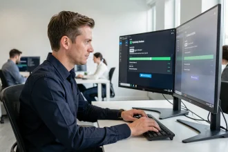 Technicien IT supervisant une mise à jour logicielle sur un poste de travail professionnel en open space