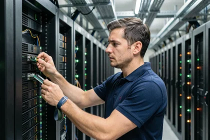 Technicien informatique insérant une lame de serveur dans un rack dans une salle de datacenter professionnelle