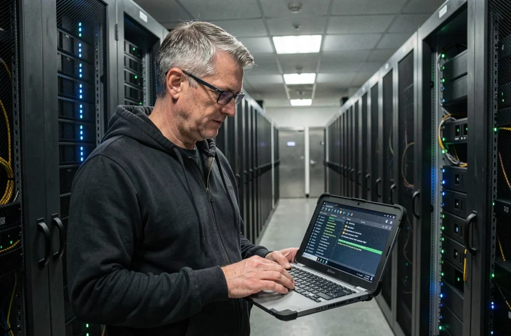 Technicien informatique inspectant des journaux de détection de menaces sur un ordinateur portable dans une salle de serveurs
