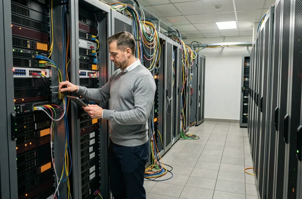 Technicien informatique sécurisant les équipements réseau dans la salle serveurs d'une petite entreprise
