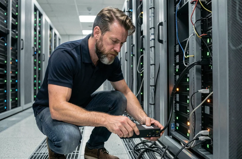 Technicien connectant un disque de sauvegarde externe dans une salle de serveurs professionnelle