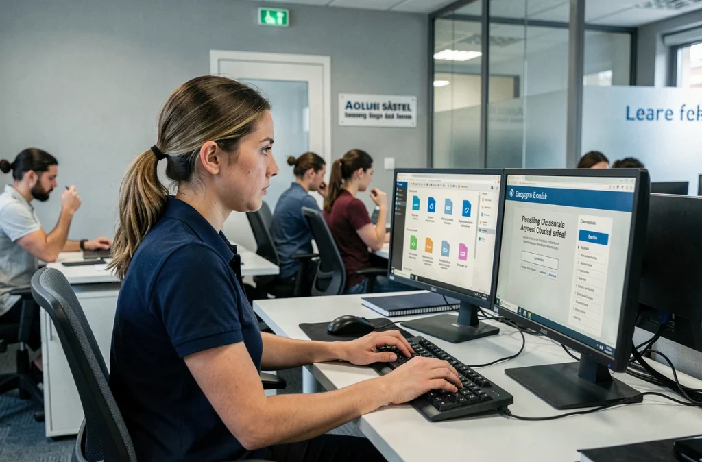 Technicienne informatique d'une PME française gérant une attaque ransomware sur poste de travail multi-écrans