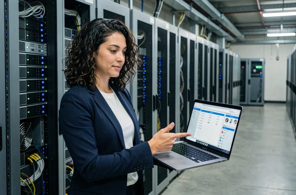 Technicienne informatique gérant des serveurs municipaux sous logiciel open source