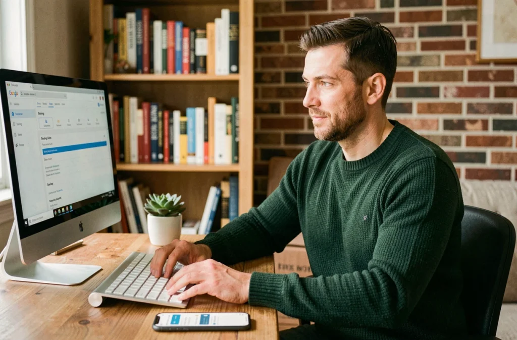 Homme en télétravail configurant le partage d'un agenda Google depuis son bureau à domicile