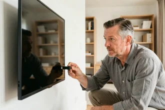 Homme connectant un transmetteur HDMI 4K sans fil à un téléviseur dans un salon minimaliste