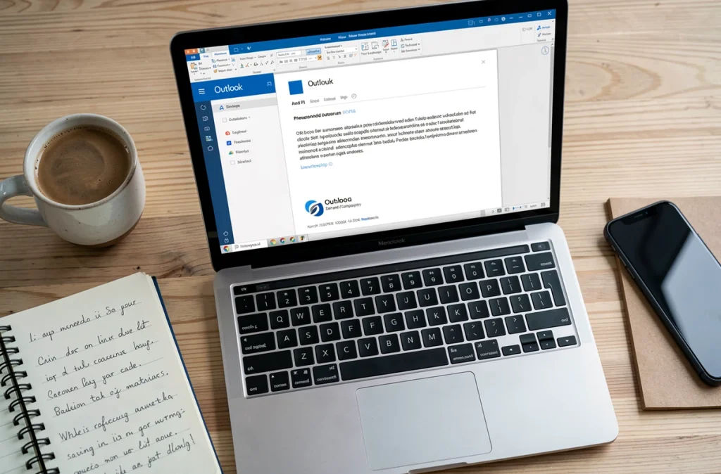 Vue aérienne d'un bureau avec un ordinateur portable affichant une signature mail Outlook professionnelle