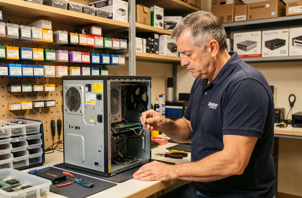 Technicien Abconseil Informatique réparant un ordinateur de bureau dans un atelier équipé