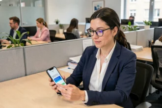Agent de la fonction publique utilisant l'application Tchap sur smartphone dans un bureau administratif moderne