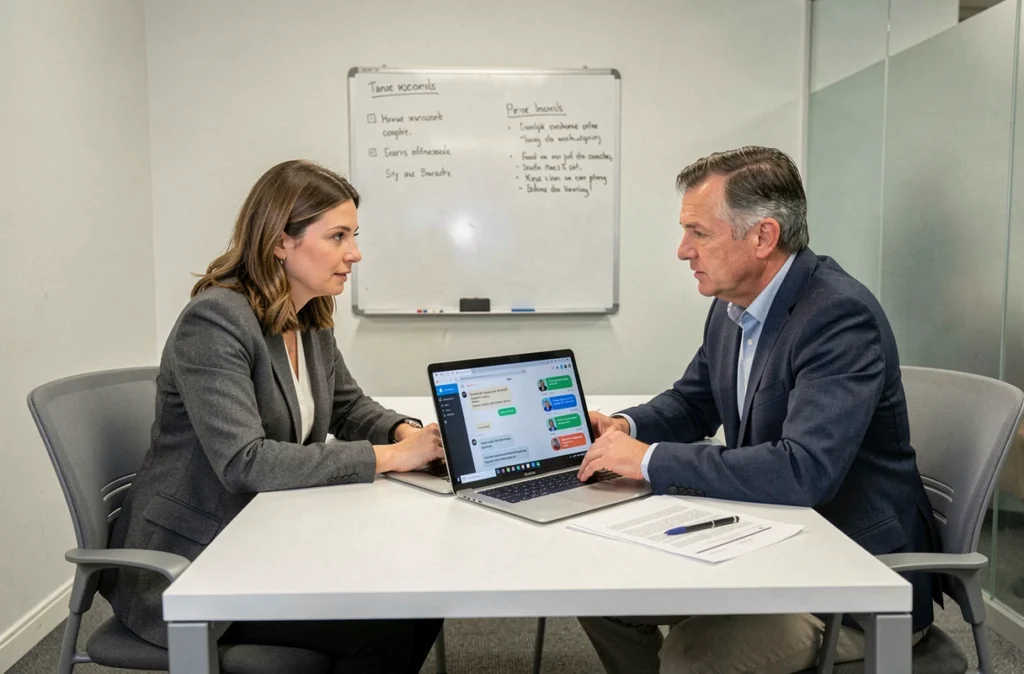 Deux agents publics collaborant sur l'application Tchap en salle de réunion avec un ordinateur portable