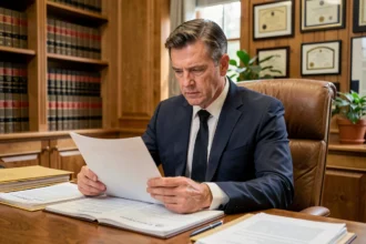 Avocat en costume marine consultant des documents confidentiels dans un cabinet juridique traditionnel, illustrant les enjeux du secret professionnel
