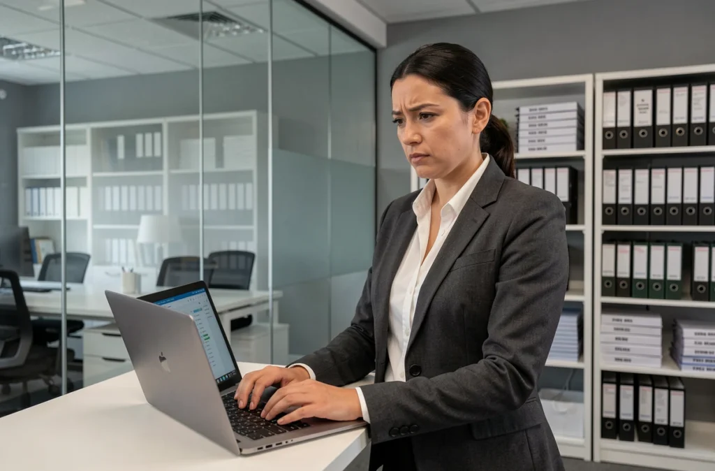 Avocate travaillant sur un logiciel juridique numérique dans un cabinet moderne, soulevant des questions de confidentialité et de risques liés aux outils numériques
