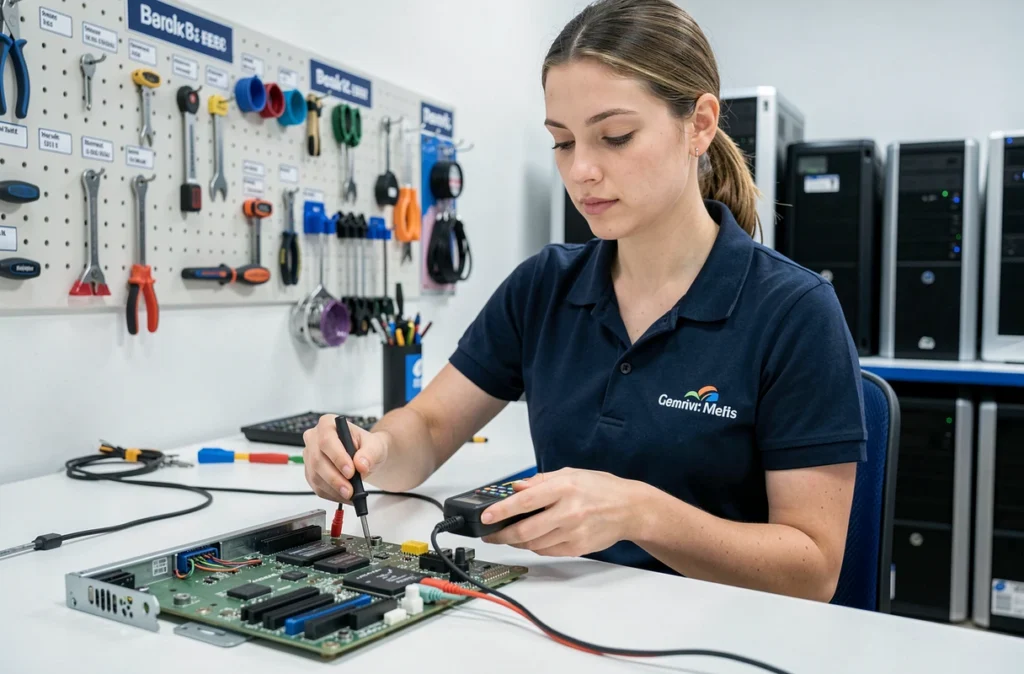 Technicienne de CMER77 utilisant un multimètre pour diagnostiquer une carte mère d'ordinateur de bureau dans un atelier professionnel