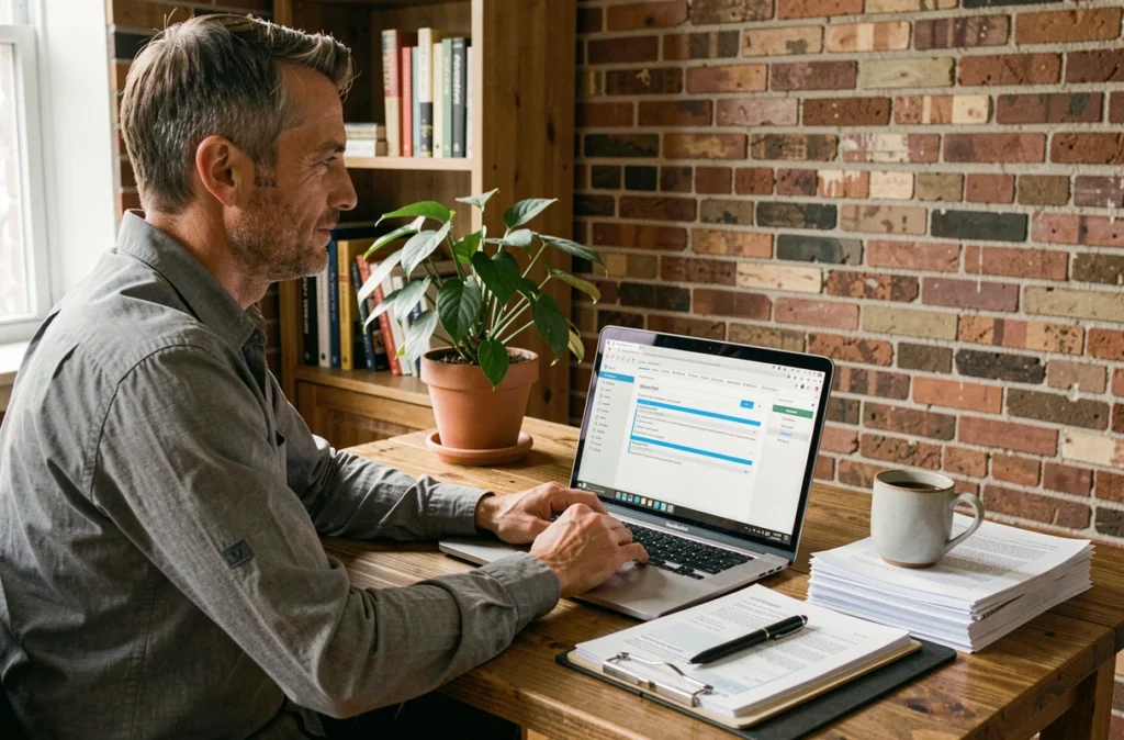 Homme convertissant un fichier JPJ en PDF sur son ordinateur portable dans un bureau à domicile pour préparer une signature électronique