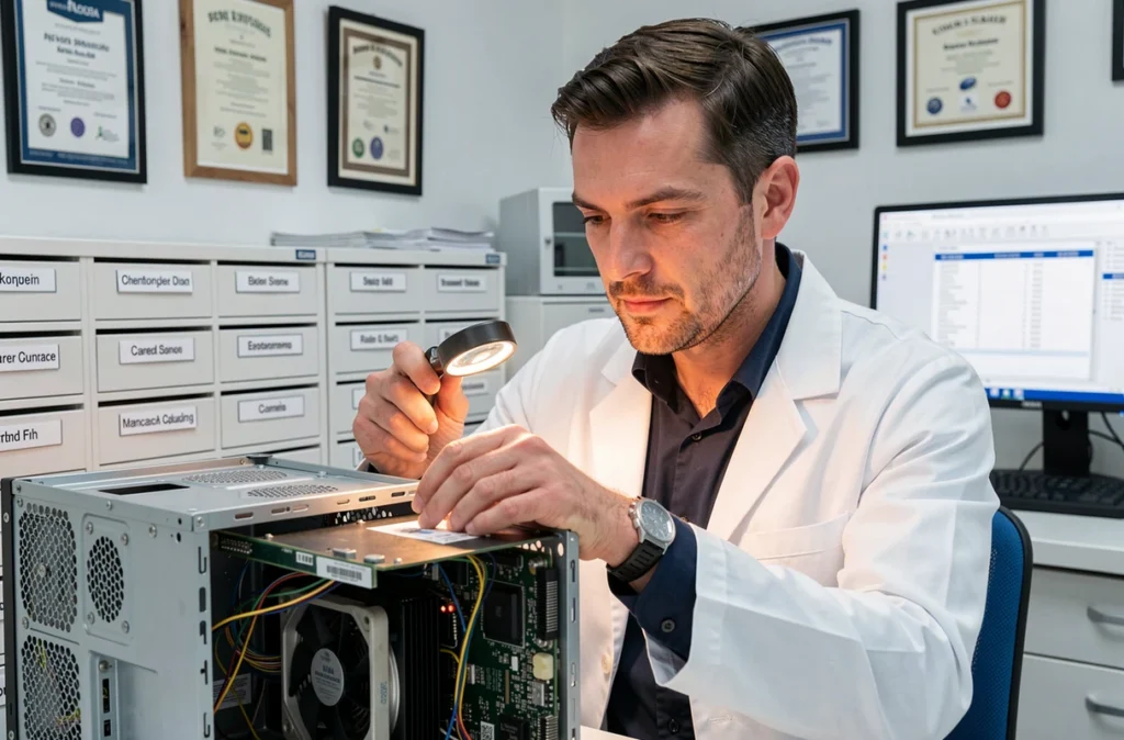 Technicien Docteur IT en blouse blanche inspectant méticuleusement les composants internes d'un ordinateur de bureau avec une loupe éclairante dans un laboratoire technique