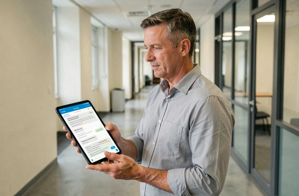 Fonctionnaire consultatnt une messagerie sécurisée Tchap sur tablette dans le couloir d'un bâtiment administratif