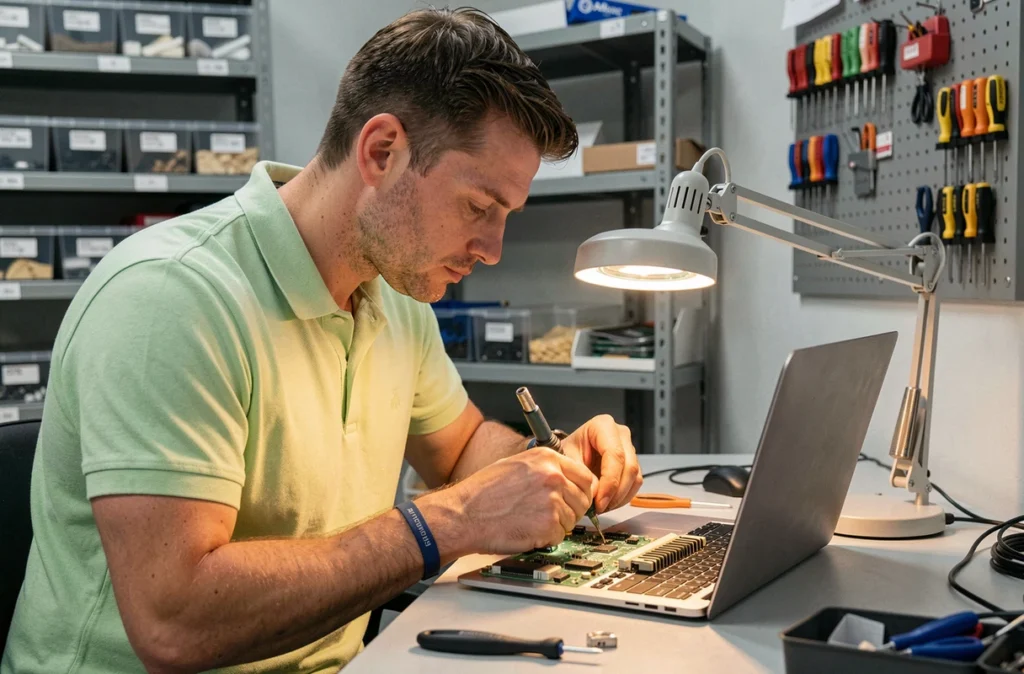 Technicien de Help-Tech en train de souder un composant sur une carte mère d'ordinateur portable dans un laboratoire de réparation électronique