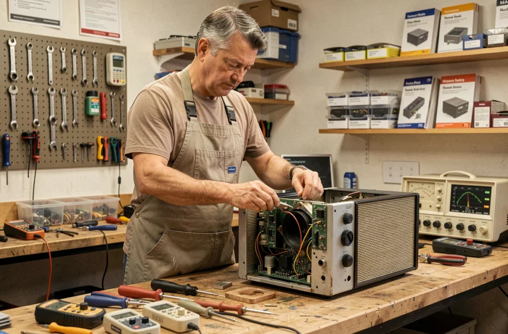 Technicien Jplelectronique réparant un amplificateur audio dans un atelier d'électronique du Puy-de-Dôme