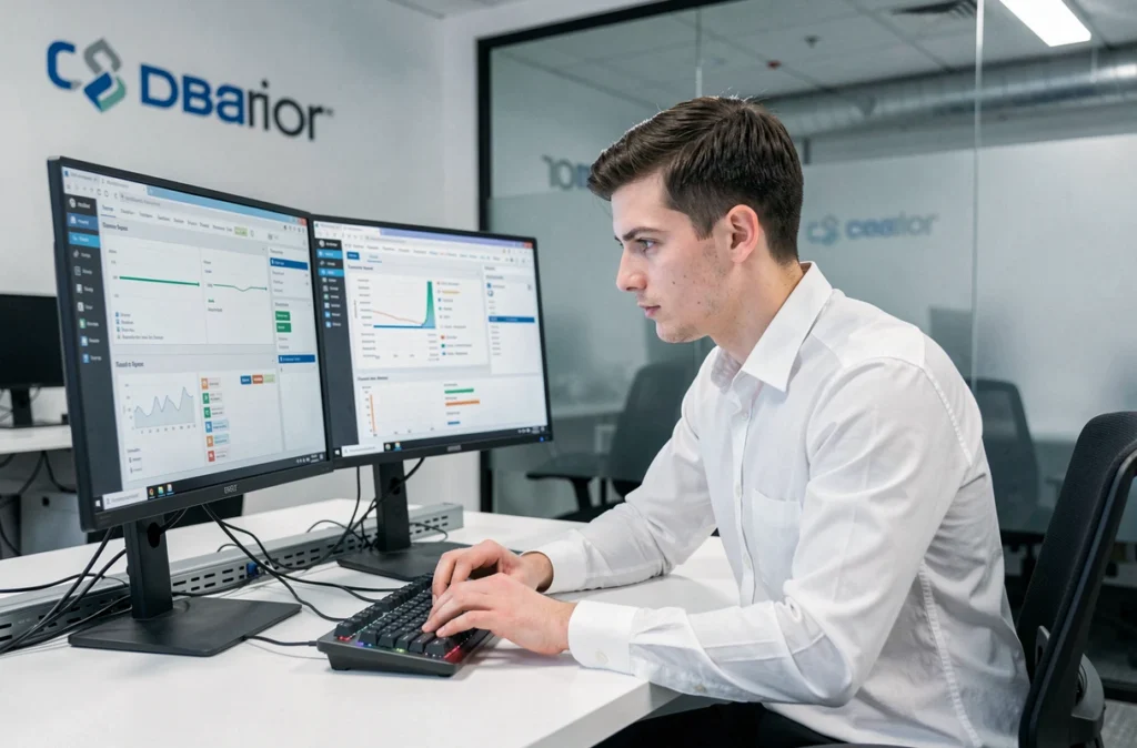 Professionnel IT de LOGIN travaillant sur des diagnostics logiciels avec deux écrans dans un espace de bureau moderne et minimaliste