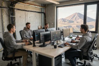 Équipe de techniciens informatiques travaillant ensemble dans un bureau moderne du Puy-de-Dôme
