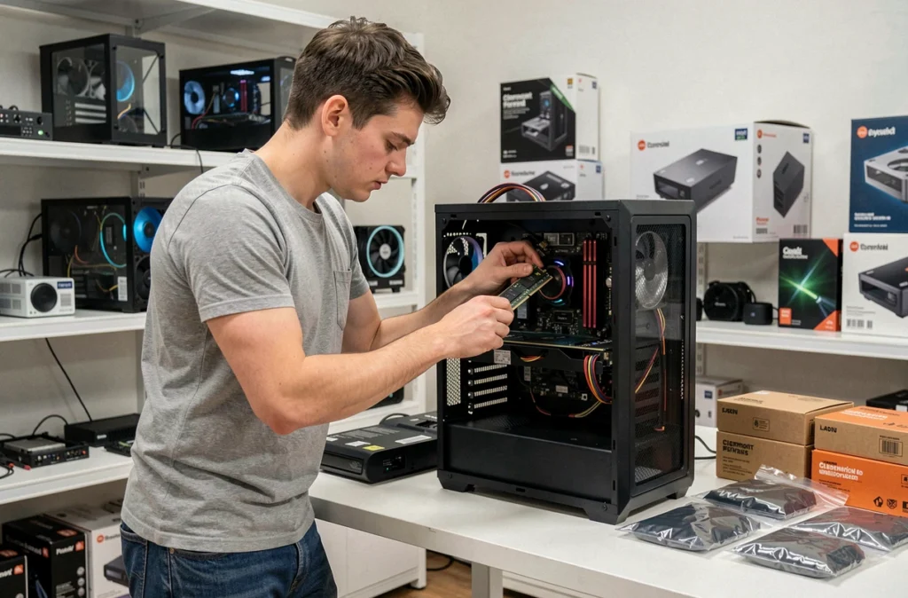 Jeune technicien Master PC installant des composants dans une tour PC personnalisée