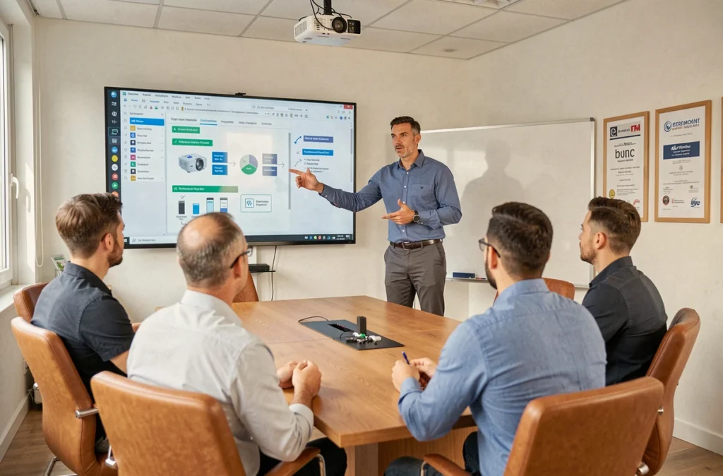 Consultant Media PC présentant une solution multimédia à des clients dans une salle de conférence moderne